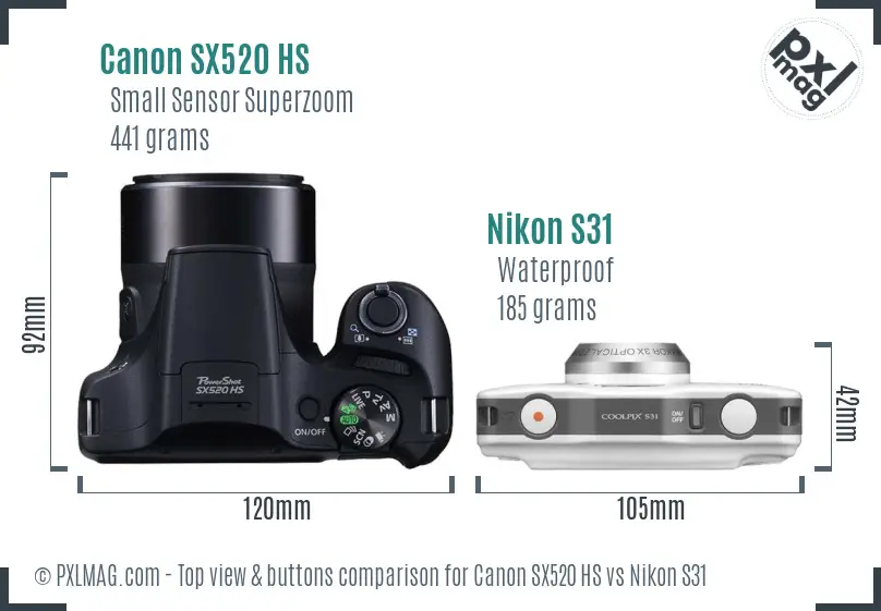 Canon SX520 HS vs Nikon S31 top view buttons comparison