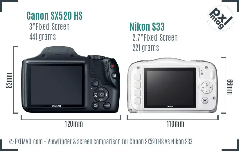 Canon SX520 HS vs Nikon S33 Screen and Viewfinder comparison