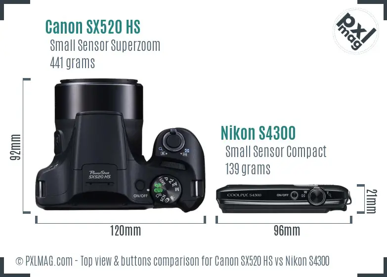 Canon SX520 HS vs Nikon S4300 top view buttons comparison