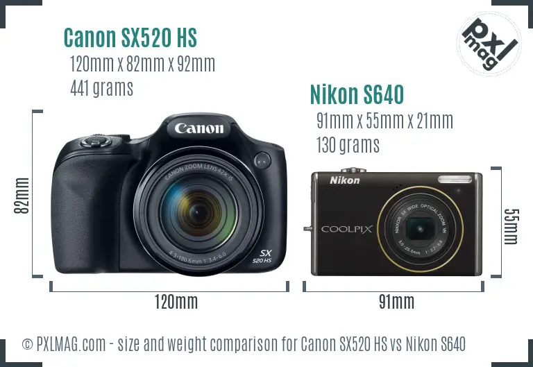 Canon SX520 HS vs Nikon S640 size comparison