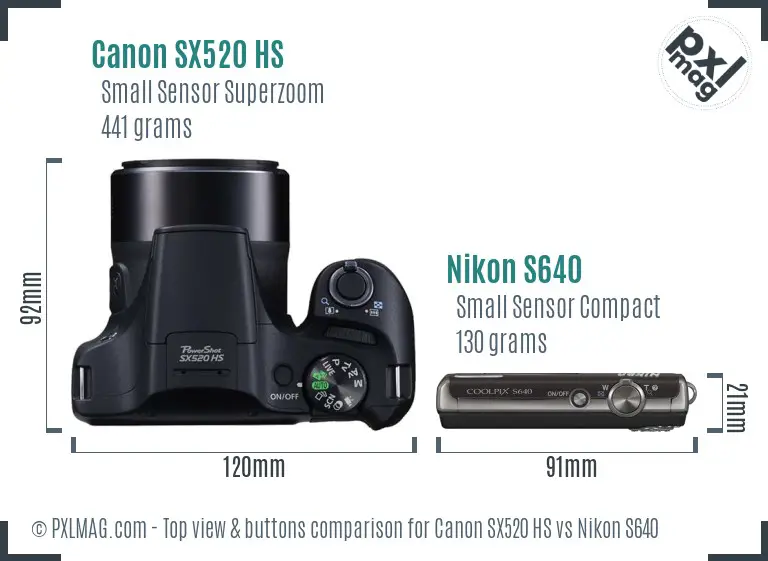 Canon SX520 HS vs Nikon S640 top view buttons comparison