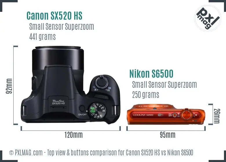 Canon SX520 HS vs Nikon S6500 top view buttons comparison