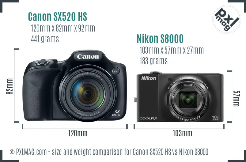 Canon SX520 HS vs Nikon S8000 size comparison