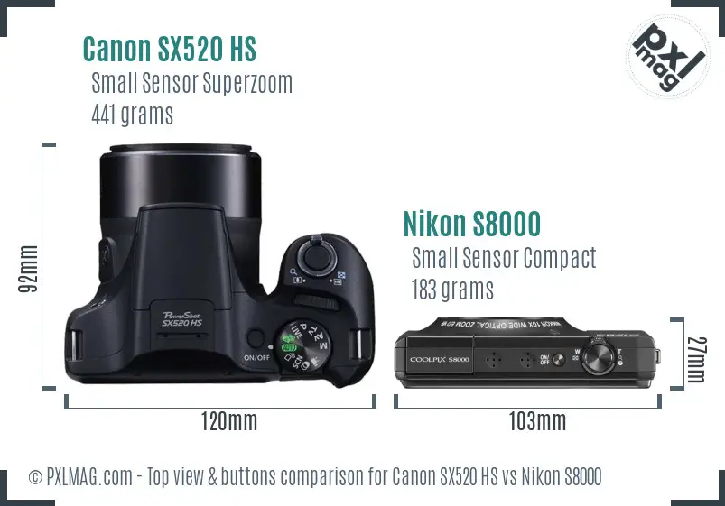 Canon SX520 HS vs Nikon S8000 top view buttons comparison