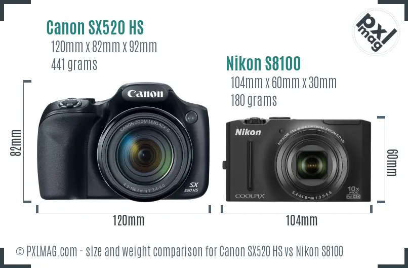 Canon SX520 HS vs Nikon S8100 size comparison