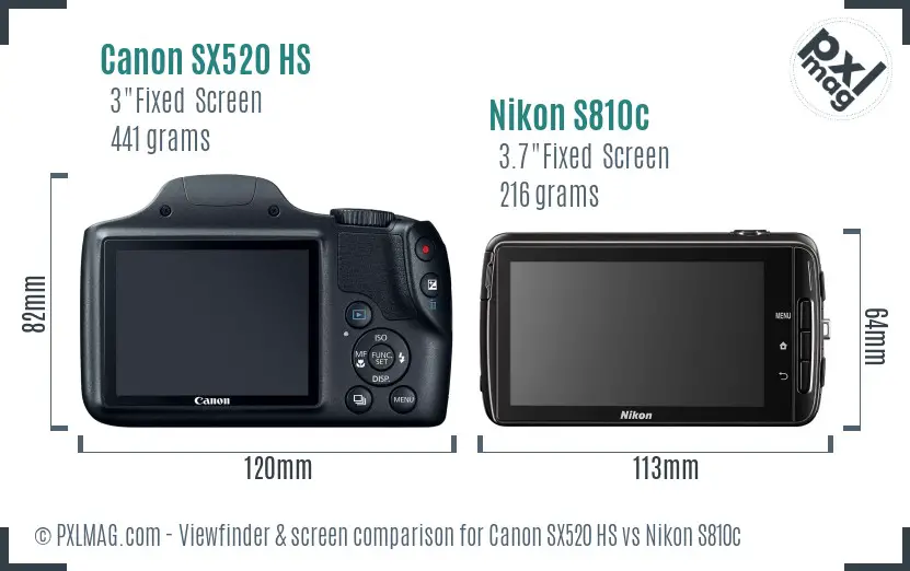 Canon SX520 HS vs Nikon S810c Screen and Viewfinder comparison