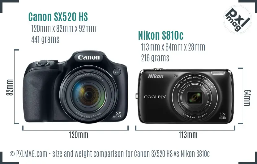 Canon SX520 HS vs Nikon S810c size comparison