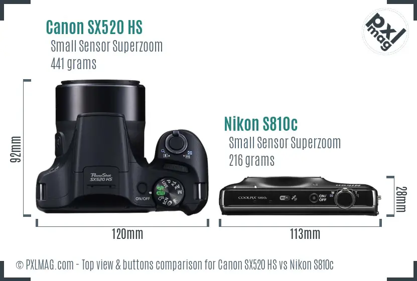 Canon SX520 HS vs Nikon S810c top view buttons comparison