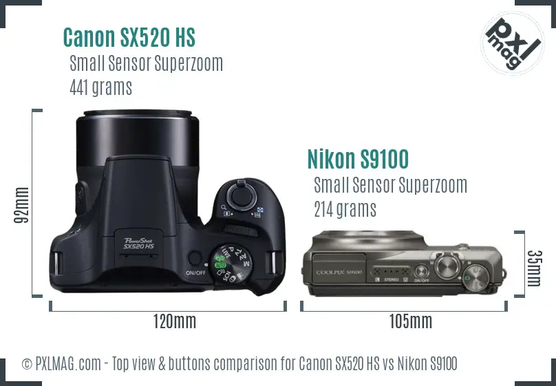 Canon SX520 HS vs Nikon S9100 top view buttons comparison