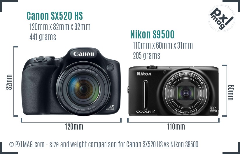 Canon SX520 HS vs Nikon S9500 size comparison