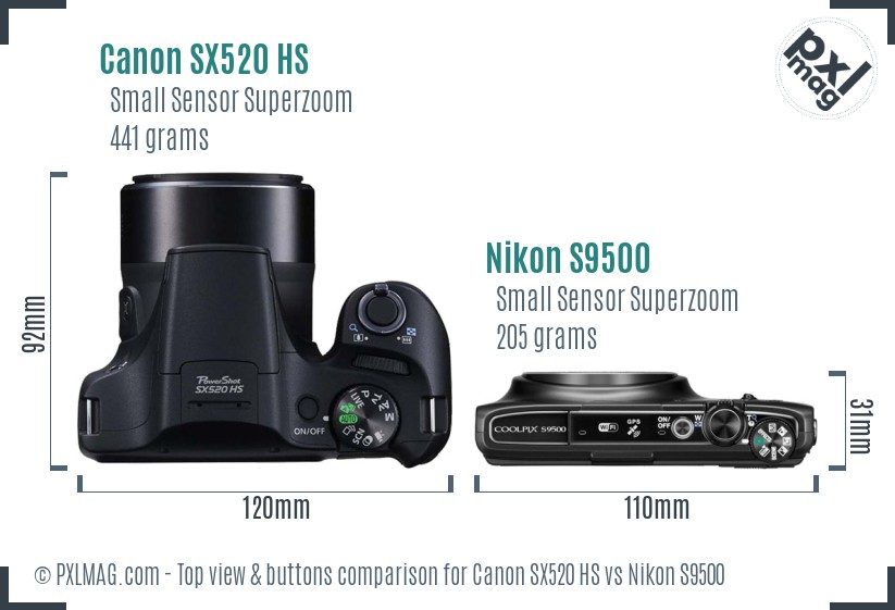 Canon SX520 HS vs Nikon S9500 top view buttons comparison