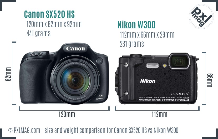 Canon SX520 HS vs Nikon W300 size comparison