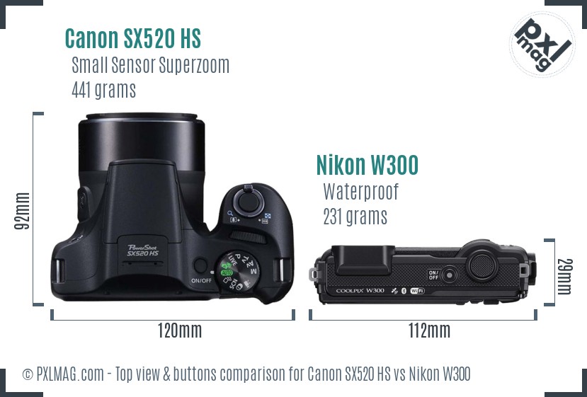 Canon SX520 HS vs Nikon W300 top view buttons comparison