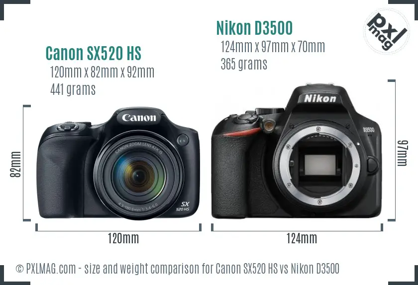Canon SX520 HS vs Nikon D3500 size comparison