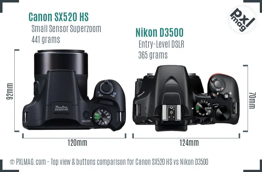 Canon SX520 HS vs Nikon D3500 top view buttons comparison