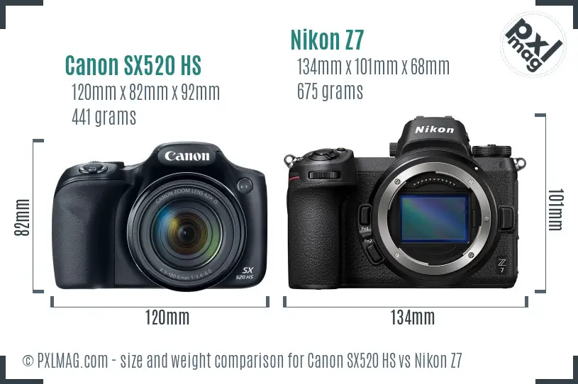 Canon SX520 HS vs Nikon Z7 size comparison