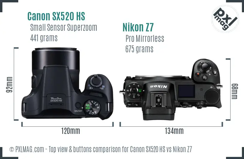 Canon SX520 HS vs Nikon Z7 top view buttons comparison