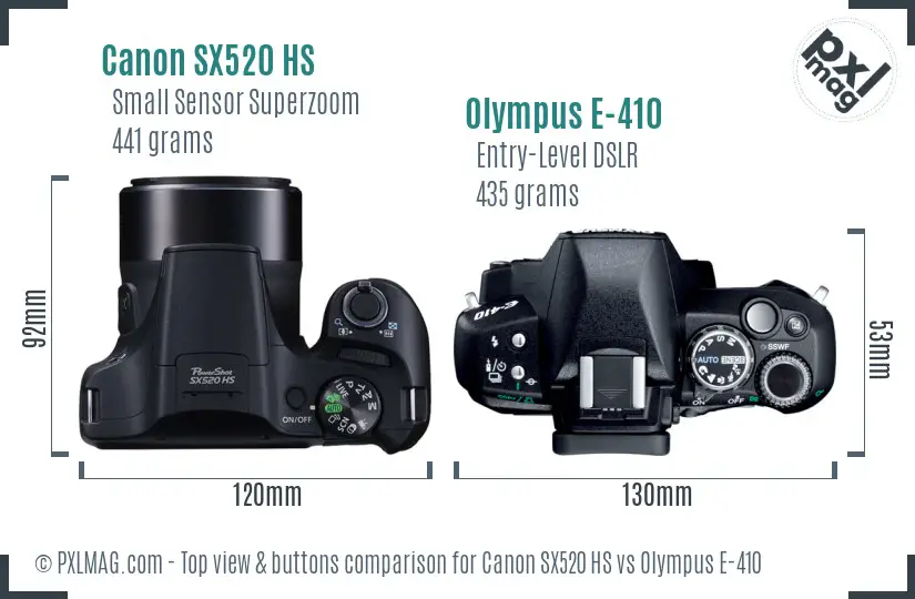 Canon SX520 HS vs Olympus E-410 top view buttons comparison