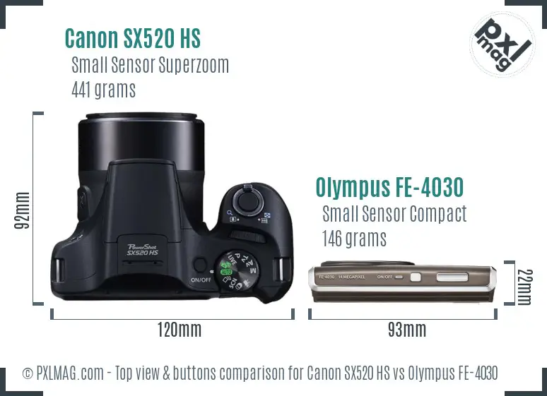 Canon SX520 HS vs Olympus FE-4030 top view buttons comparison