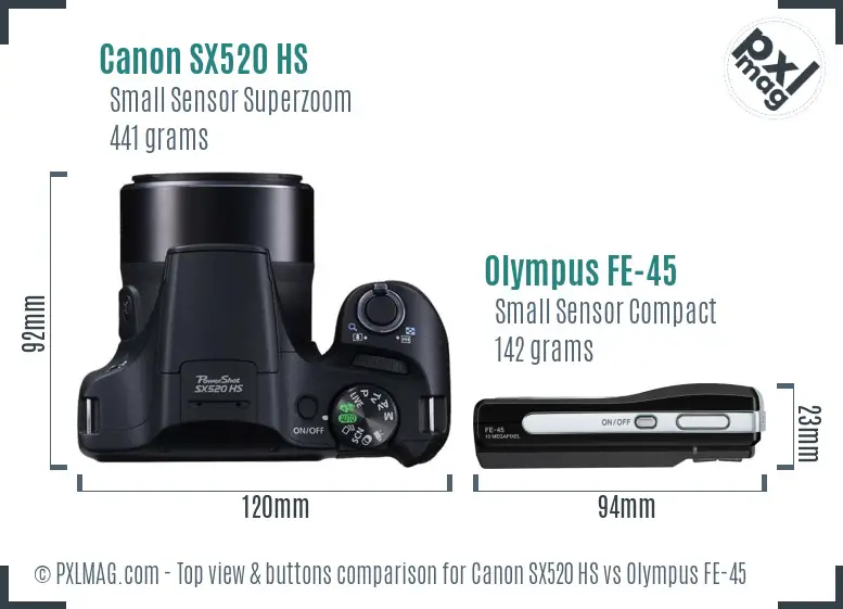 Canon SX520 HS vs Olympus FE-45 top view buttons comparison Canon SX520 HS vs Olympus FE-45 top view buttons comparison