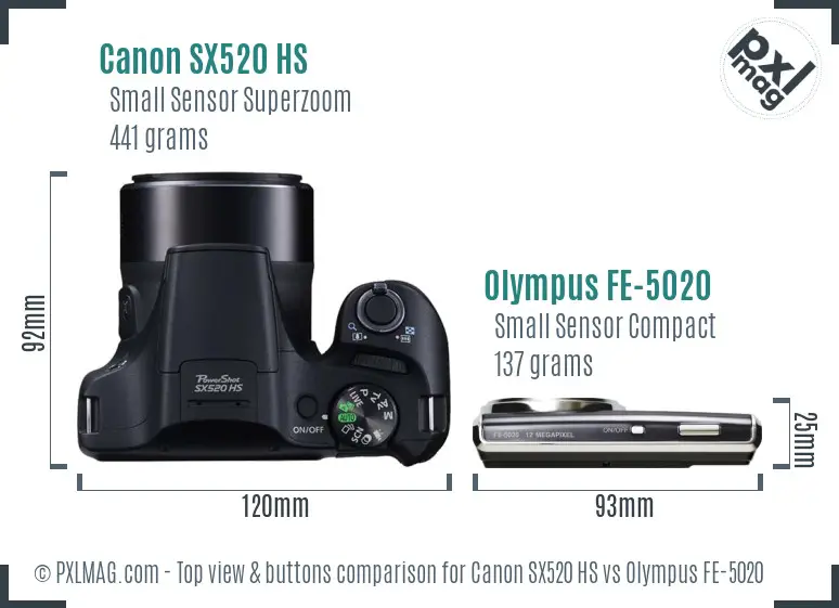Canon SX520 HS vs Olympus FE-5020 top view buttons comparison Canon SX520 HS vs Olympus FE-5020 top view buttons comparison