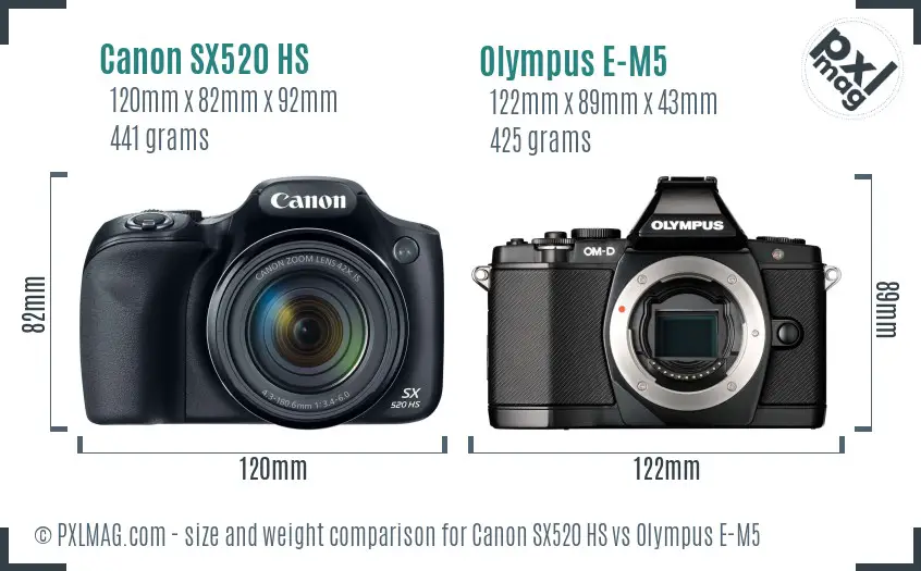 Canon SX520 HS vs Olympus E-M5 size comparison