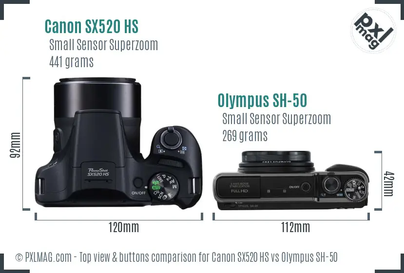 Canon SX520 HS vs Olympus SH-50 top view buttons comparison