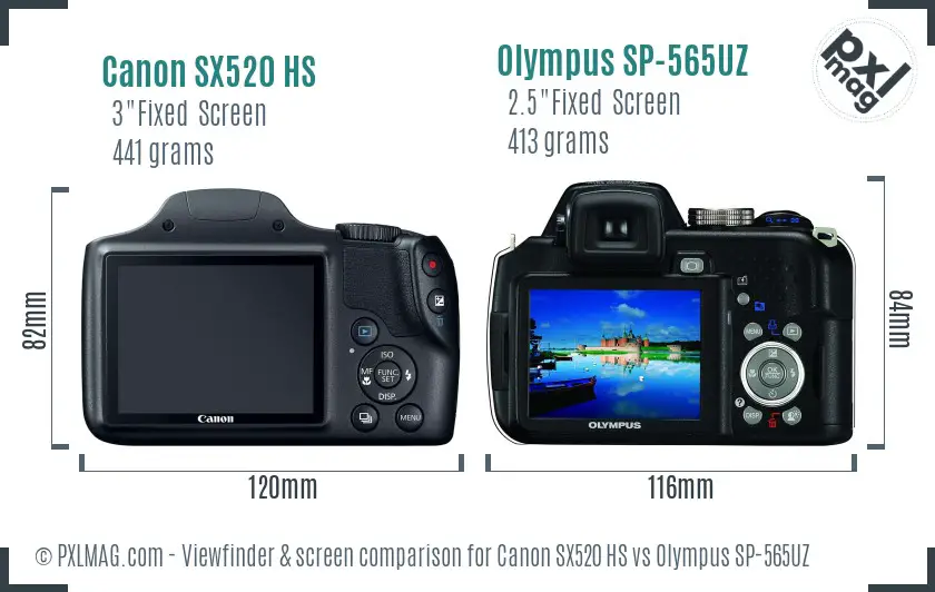 Canon SX520 HS vs Olympus SP-565UZ Screen and Viewfinder comparison