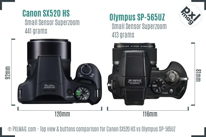 Canon SX520 HS vs Olympus SP-565UZ top view buttons comparison