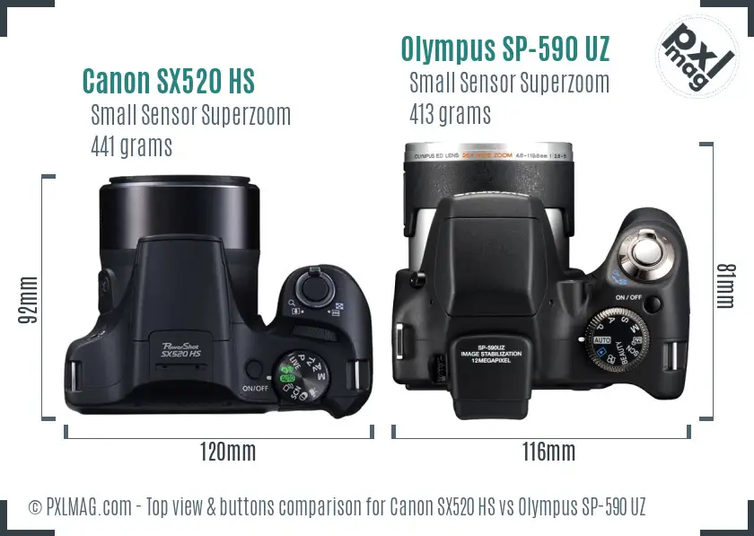 Canon SX520 HS vs Olympus SP-590 UZ top view buttons comparison