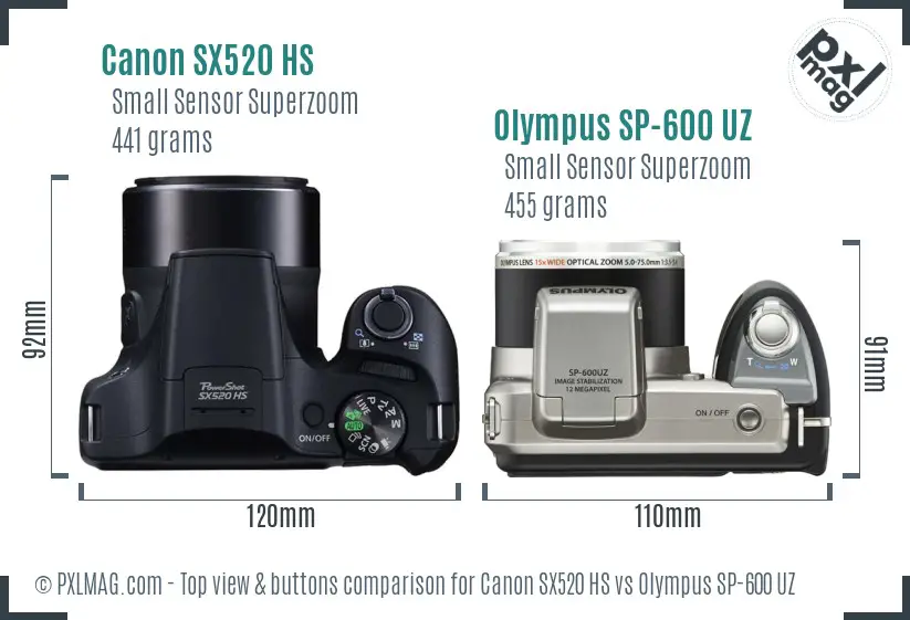 Canon SX520 HS vs Olympus SP-600 UZ top view buttons comparison