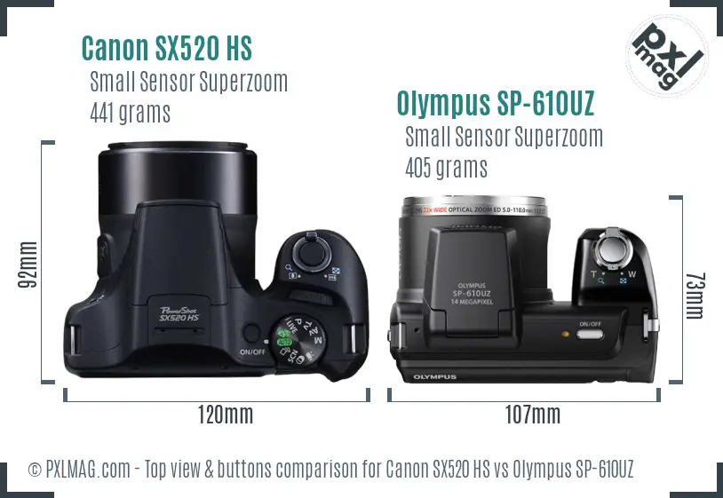 Canon SX520 HS vs Olympus SP-610UZ top view buttons comparison Canon SX520 HS vs Olympus SP-610UZ top view buttons comparison