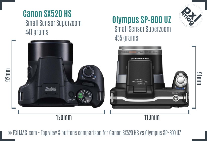 Canon SX520 HS vs Olympus SP-800 UZ top view buttons comparison