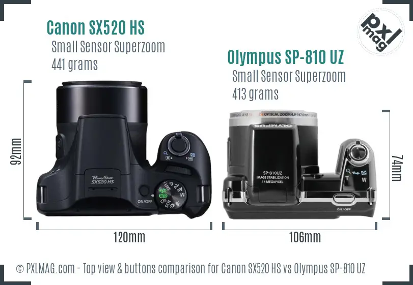 Canon SX520 HS vs Olympus SP-810 UZ top view buttons comparison