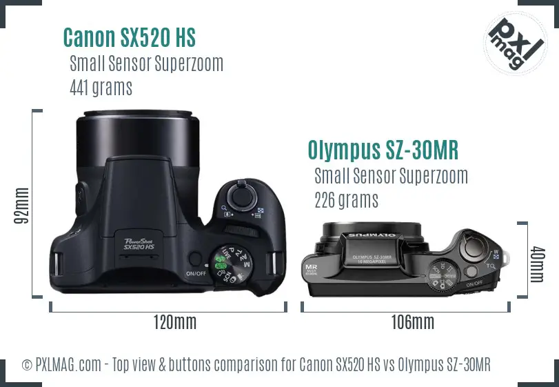 Canon SX520 HS vs Olympus SZ-30MR top view buttons comparison Canon SX520 HS vs Olympus SZ-30MR top view buttons comparison