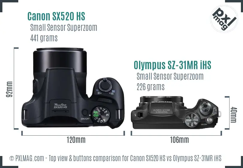 Canon SX520 HS vs Olympus SZ-31MR iHS top view buttons comparison