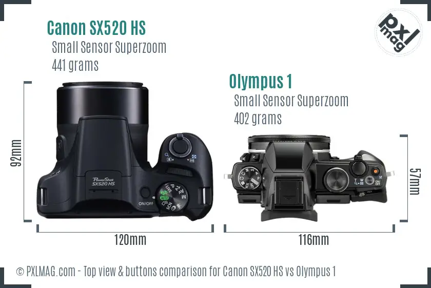 Canon SX520 HS vs Olympus 1 top view buttons comparison Canon SX520 HS vs Olympus 1 top view buttons comparison