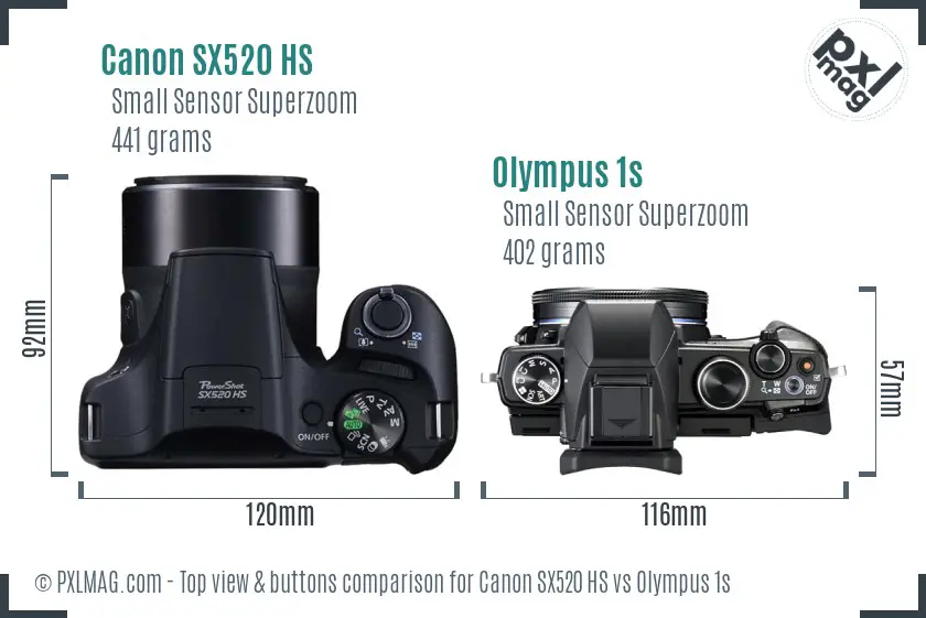 Canon SX520 HS vs Olympus 1s top view buttons comparison