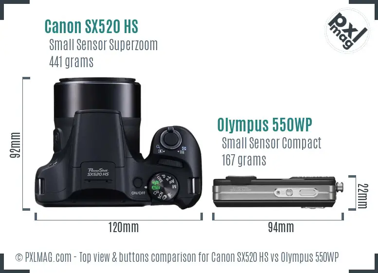 Canon SX520 HS vs Olympus 550WP top view buttons comparison Canon SX520 HS vs Olympus 550WP top view buttons comparison