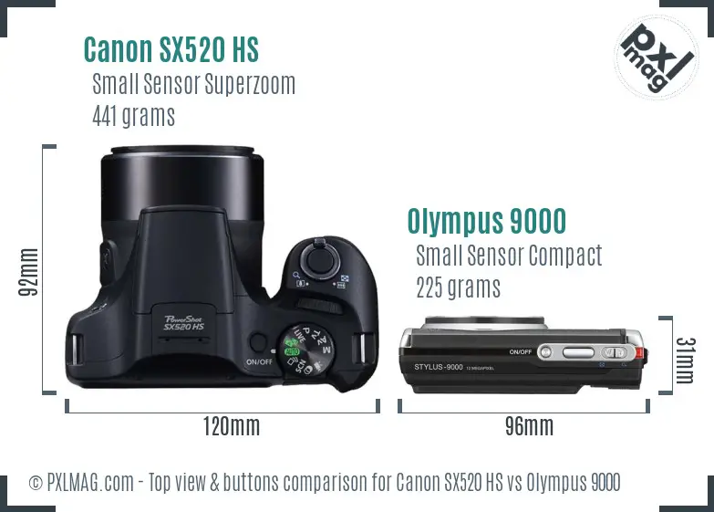 Canon SX520 HS vs Olympus 9000 top view buttons comparison