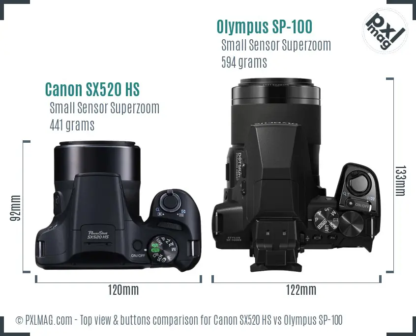 Canon SX520 HS vs Olympus SP-100 top view buttons comparison