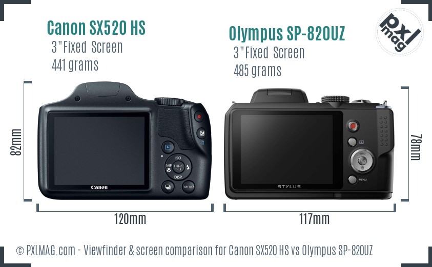 Canon SX520 HS vs Olympus SP-820UZ Screen and Viewfinder comparison