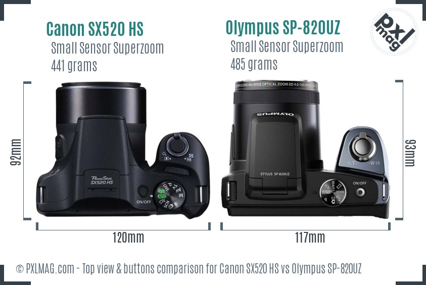 Canon SX520 HS vs Olympus SP-820UZ top view buttons comparison