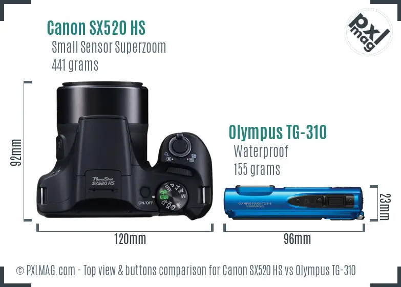 Canon SX520 HS vs Olympus TG-310 top view buttons comparison