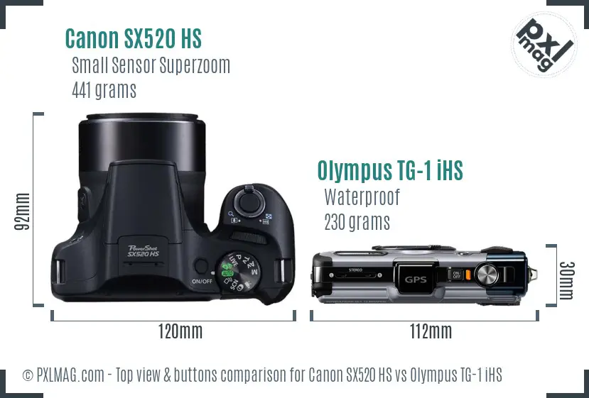 Canon SX520 HS vs Olympus TG-1 iHS top view buttons comparison