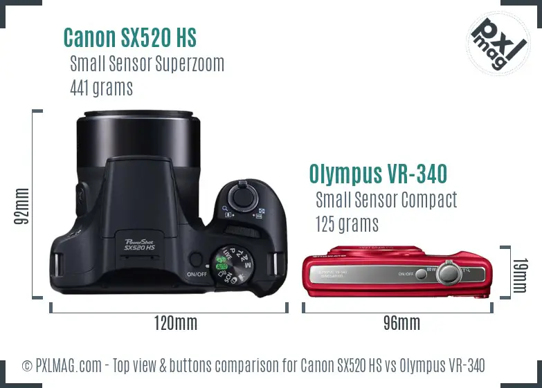Canon SX520 HS vs Olympus VR-340 top view buttons comparison