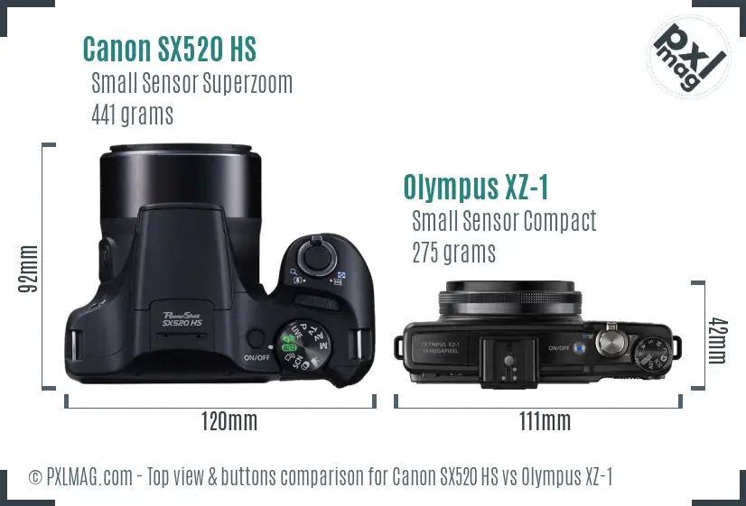 Canon SX520 HS vs Olympus XZ-1 top view buttons comparison