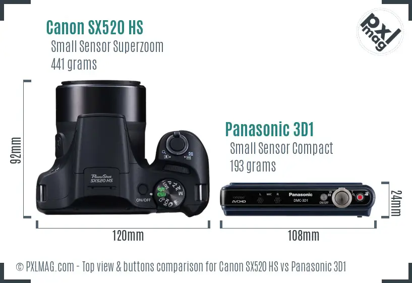 Canon SX520 HS vs Panasonic 3D1 top view buttons comparison