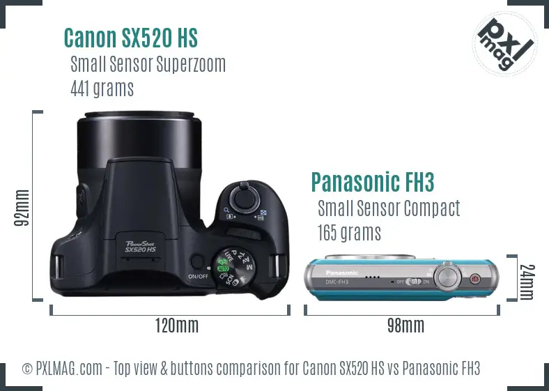 Canon SX520 HS vs Panasonic FH3 top view buttons comparison
