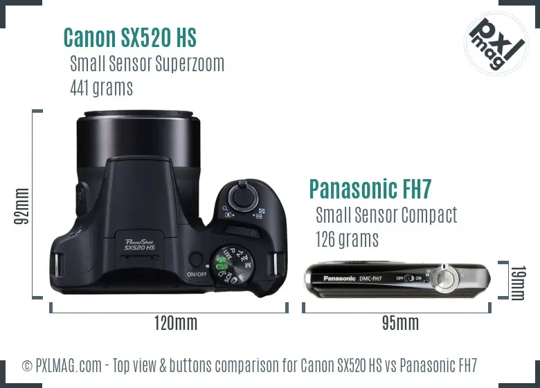 Canon SX520 HS vs Panasonic FH7 top view buttons comparison Canon SX520 HS vs Panasonic FH7 top view buttons comparison